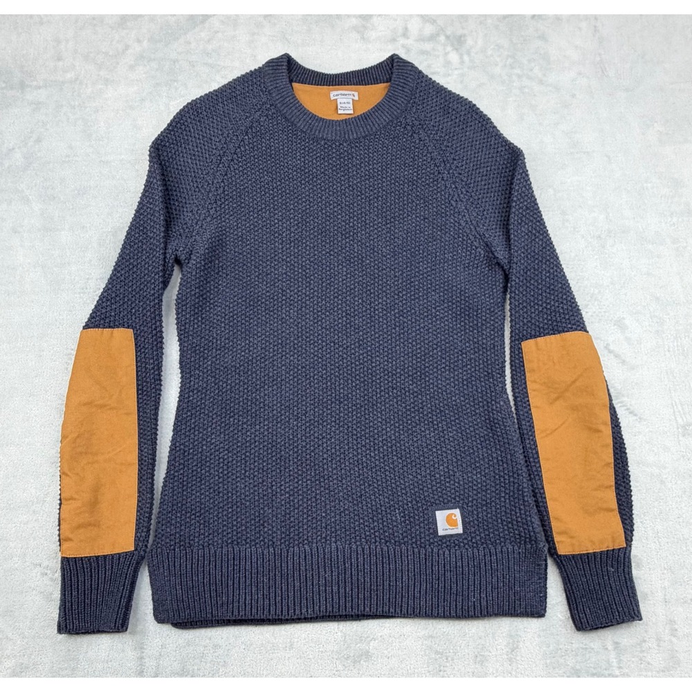 Carhartt Womens Waffle Knit Sweater Elbow Patch Crewneck Blue Small 103932-NVH